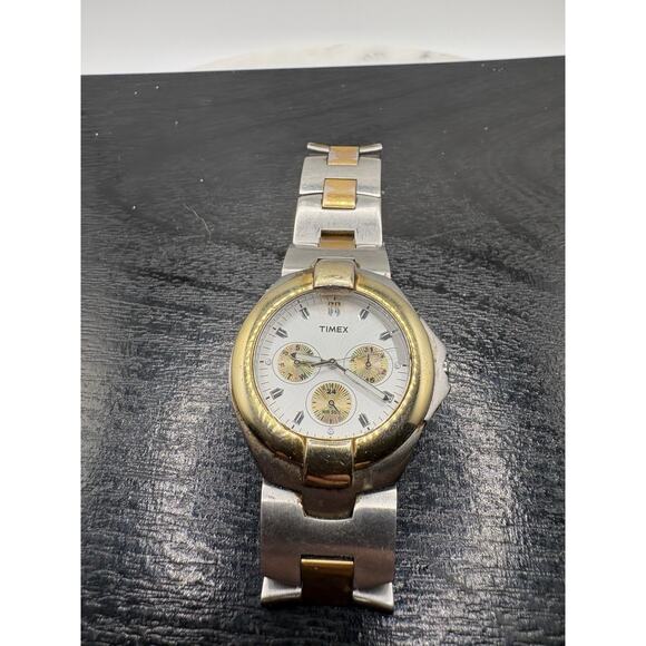 Timex Mens Watch Day Date 38mm Two Tone Case Band Vintage Rare Quartz Analog main image 5